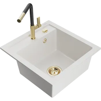 Granitový dřez Mexen Vito granitový dřez 1-komorový s kuchyňskou baterií Flora, bílá - 6503-20-670401-57-G Granitové dřezy s baterií