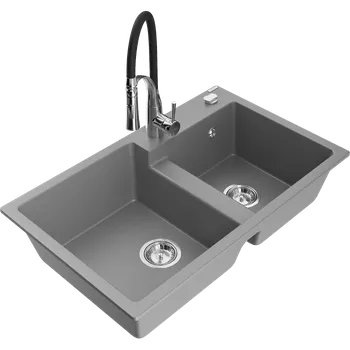 Granitový dřez Mexen Tomas granitový dřez 2-komorový s kuchyňskou baterií Aster, šedý - 6516-71-73450-07 Granitové dřezy s baterií