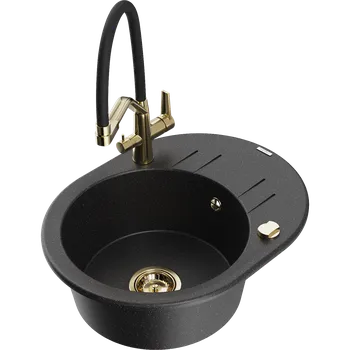 Granitový dřez Mexen Kevin granitový kuchyňský dřez 1-komorový s kuchyňskou baterií Duo, černý/stříbrný metalík - 6517-73-671701-57-G Granitové dřezy s baterií