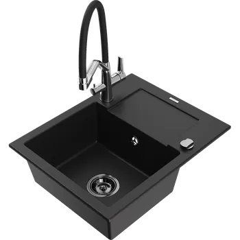 Granitový dřez Mexen Enzo granitový dřez s 1 komorou, odkapávačem a kuchyňskou baterií Duo, černý - 6506-77-671701-07-B Granitové dřezy s baterií