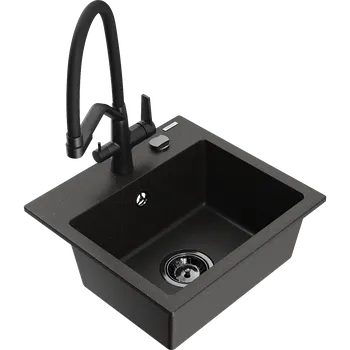 Granitový dřez Mexen Milo granitový dřez 1-komorový s kuchyňskou baterií Duo, černý/zlatý metalik - 6505-75-671701-70-B Granitové dřezy s baterií