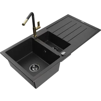 Granitový dřez Mexen Andres granitový dřez 1,5 komorový s odkapávačem a kuchyňskou baterií Flora, černý/stříbrný - 6515-73-670401-57-B Granitové dřezy s baterií