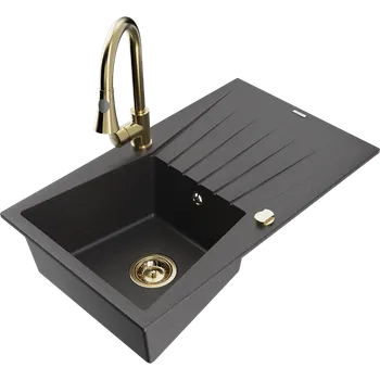 Kuchyňský dřez Mexen Cesar granitový dřez 1-komorový s odkapávačem a kuchyňskou baterií Elia, černý se skvrnami - 6514-76-670101-50 Granitové dřezy s baterií