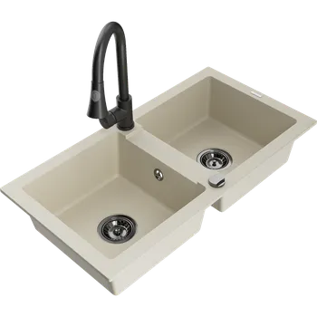 Granitový dřez Mexen Mario dvoukomorový granitový dřez s kuchyňskou baterií Elia, béžový - 6504-69-670101-70 Granitové dřezy s baterií
