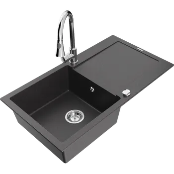 Granitový dřez Mexen Leo granitový dřez 1-komorový s odkapávačem a kuchyňskou baterií Elia, černý kropenatý - 6501-76-670101-00 Granitové dřezy s baterií