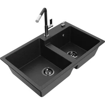 Granitový dřez Mexen Tomas žulový dřez 2-komorový s kuchyňskou baterií Flora, černá/stříbrná metalíza - 6516-73-670401-07-B Granitové dřezy s baterií