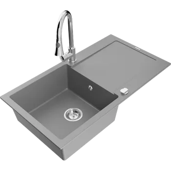 Granitový dřez Mexen Leo granitový dřez 1-komorový s odkapávačem a kuchyňskou baterií Elia, šedý - 6501-71-670101-00 Granitové dřezy s baterií