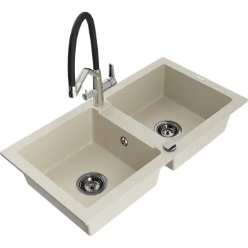 Granitový dřez Mexen Mario žulový dřez 2-komorový s kuchyňskou baterií Duo, béžový - 6504-69-671701-07-B Granitové dřezy s baterií