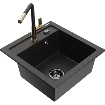 Granitový dřez Mexen Vito kuchyňský dřez z granitu 1-komorový s kuchyňskou baterií Flora, černý/zlato kovový - 6503-75-670401-57-B Granitové dřezy s baterií