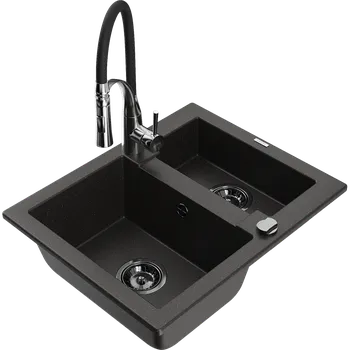 Granitový dřez Mexen Carlos granitový dřez 1,5-komorový s kuchyňskou baterií Aster, černý/zlatý metalik - 6518-75-73450-07-B Granitové dřezy s baterií