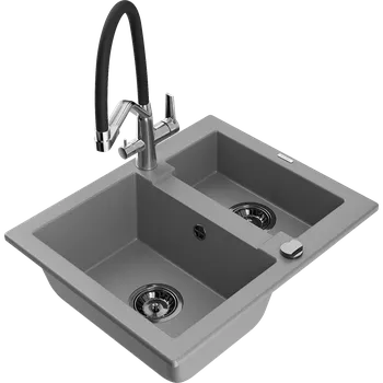 Granitový dřez Mexen Carlos granitový dřez 1,5-komorový s kuchyňskou baterií Duo, šedý - 6518-71-671701-07-B Granitové dřezy s baterií