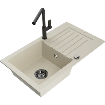 Granitový dřez Mexen Pablo granitový dřez 1-komorový s odkapávačem a kuchyňskou baterií Flora, béžový - 6510-69-670401-70-B Granitové dřezy s baterií