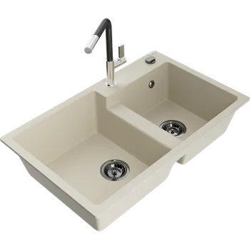 Granitový dřez Mexen Tomas žulový dřez s 2 komorami a kuchyňskou baterií Flora, béžový - 6516-69-670401-07-B Granitové dřezy s baterií