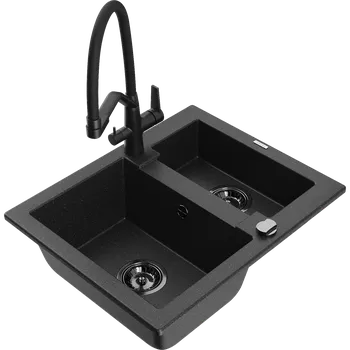 Granitový dřez Mexen Carlos dřez žulový 1,5-komorový s kuchyňskou baterií Duo, černý/stříbrný metalík - 6518-73-671701-70-B Granitové dřezy s baterií