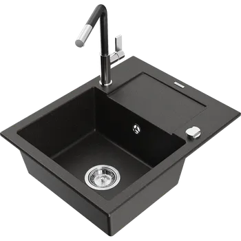 Granitový dřez Mexen Enzo granitový dřez 1-komorový s odkapávačem a kuchyňskou baterií Flora, černý/zlatý metalik - 6506-75-670401-07 Granitové dřezy s baterií