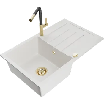 Granitový dřez Mexen Bruno žulový kuchyňský dřez 1-komorový s odkapávačem a kuchyňskou baterií Flora, bílý - 6513-20-670401-57-G Granitové dřezy s baterií