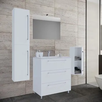 Koupelnový nábytek Vcm 5dílná umyvadlová skříňka Badinos 3 zásuvky 60 cm se zrcadlem, střední a vysokou skříňkou, bílá