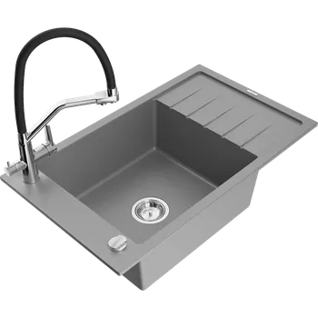 Granitový dřez Mexen Elias granitový dřez 1-komorový s odkapávačem a kuchyňskou baterií Duo, šedý - 6511-71-671701-07 Granitové dřezy s baterií
