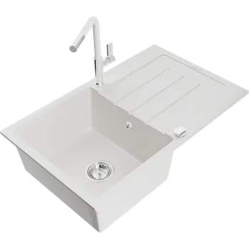 Granitový dřez Mexen Bruno granitový dřez 1-komorový s odkapávačem a kuchyňskou baterií Flora, bílý - 6513-20-670401-02 Granitové dřezy s baterií