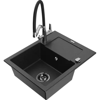 Granitový dřez Mexen Enzo žulový dřez s 1 komorou s odkapávačem a kuchyňskou baterií Duo, černý/stříbrný metalický - 6506-73-671701-07-B Granitové dřezy s baterií