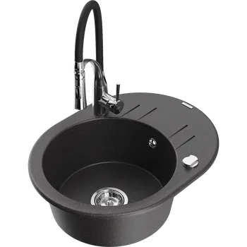 Granitový dřez Mexen Kevin žulový dřez 1-komorový s odkapávačem a kuchyňská baterie Aster, černý s tečkami - 6517-76-73450-07 Granitové dřezy s baterií