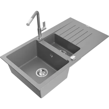 Granitový dřez Mexen Matias žulový dřez 1,5-komorový s odkapávačem a kuchyňskou baterií Flora, šedý - 6502-71-670401-06 Granitové dřezy s baterií