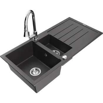 Granitový dřez Mexen Andres granitový dřez 1,5komorový s odkapávačem a kuchyňskou baterií Elia, černý se skvrnami - 6515-76-670101-00 Granitové dřezy s baterií