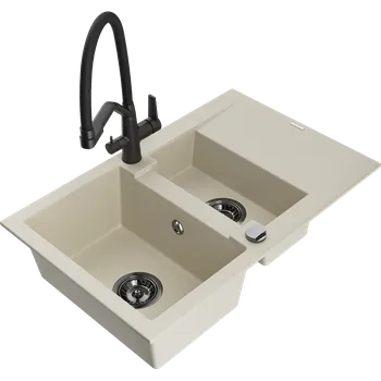 Granitový dřez Mexen Gaspar granitový dřez 1,5-komorový s odkapávačem a kuchyňskou baterií Duo, béžový - 6507-69-671701-70-B Granitové dřezy s baterií