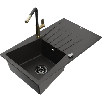 Granitový dřez Mexen Cesar granitový dřez 1-komorový s odkapávačem a kuchyňskou baterií Flora, černá/zlatý metalik - 6514-75-670401-57-B Granitové dřezy s baterií