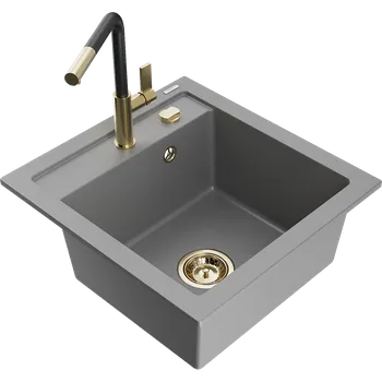 Granitový dřez Mexen Vito granitový dřez 1-komorový s kuchyňskou baterií Flora, šedý - 6503-71-670401-57-G Granitové dřezy s baterií