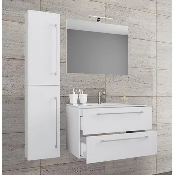 Koupelnový nábytek Vcm 4dílná umyvadlová skříňka Badinos 2 zásuvky se zrcadlem 60 cm + vysoká skříňka, bílá
