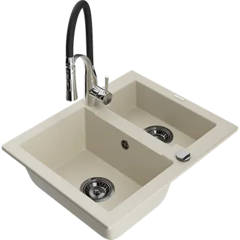 Granitový dřez Mexen Carlos granitový dřez 1,5-komorový s kuchyňskou baterií Aster, béžová - 6518-69-73450-07-B Granitové dřezy s baterií