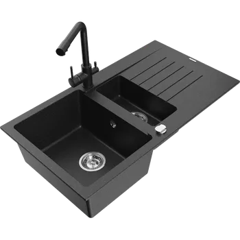 Granitový dřez Mexen Matias žulový dřez 1,5-komorový s odkapávačem a kuchyňskou baterií Duero, černý/stříbrný metalik- 6502-73-671600-70 Granitové dřezy s baterií