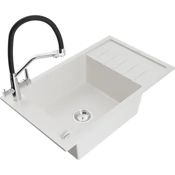 Granitový dřez Mexen Elias granitový jednodřez s odkapávačem a kuchyňskou baterií Duo, bílý - 6511-20-671701-07 Granitové dřezy s baterií