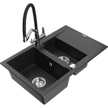 Granitový dřez Mexen Gaspar žulový dřez o 1,5 přihrádkách s odkapávačem a kuchyňskou baterií Duo, černý/stříbrný metalický - 6507-73-671701-07 Granitové dřezy s baterií