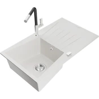 Granitový dřez Mexen Cesar granitový dřez 1-komorový s odkapávačem a kuchyňskou baterií Flora, bílý - 6514-20-670401-07 Granitové dřezy s baterií