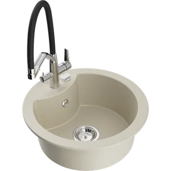 Granitový dřez Mexen Diego granitový dřez 1-komorový s kuchyňskou baterií Duo, béžový - 6512-69-671701-07 Granitové dřezy s baterií