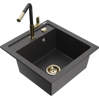 Granitový dřez Mexen Vito granitový dřez jednodílný s kuchyňskou baterií Flora, černý tečkovaný - 6503-76-670401-57-G Granitové dřezy s baterií