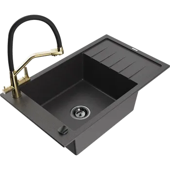 Mexen Elias dřez granitový 1-komorový s odkapávačem a kuchyňskou baterií Duo, černý skvrnitý - 6511-76-671701-57-B Granitové dřezy s baterií