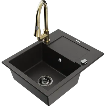 Granitový dřez Mexen Enzo granitový dřez s 1 komorou, odkapávačem a kuchyňskou baterií Elia, černý/zlatý metalík - 6506-75-670101-50-B Granitové dřezy s baterií