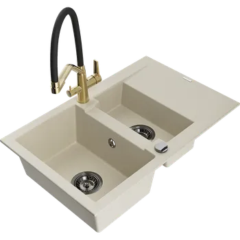 Granitový dřez Mexen Gaspar granitový dřez 1,5komorový s odkapávačem a kuchyňskou baterií Duo, béžový - 6507-69-671701-57-B Granitové dřezy s baterií