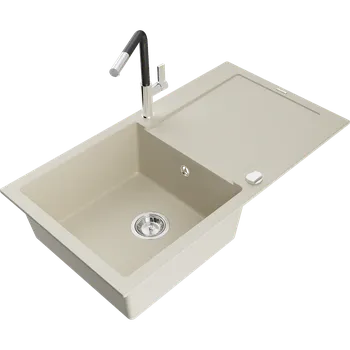 Granitový dřez Mexen Leo jednokomorový granitový dřez s odkapávačem a kuchyňskou baterií Flora, béžový - 6501-69-670401-07 Granitové dřezy s baterií