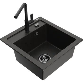 Granitový dřez Mexen Vito granitový dřez jednokomorový s kuchyňskou baterií Flora, černý/zlatý metalický - 6503-75-670401-70-B Granitové dřezy s baterií