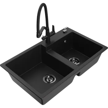 Granitový dřez Mexen Tomas granitový dřez 2-komorový s kuchyňskou baterií Duo, černý - 6516-77-671701-70-B Granitové dřezy s baterií