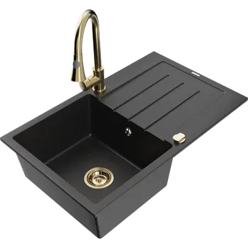 Granitový dřez Mexen Bruno granitový dřez 1-komorový s odkapávačem a kuchyňskou baterií Elia, černý/stříbrný metalik - 6513-73-670101-50 Granitové dřezy s baterií