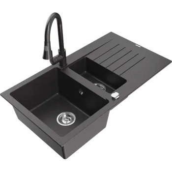 Granitový dřez Mexen Matias žulový dřez 1,5 komorový s odkapávačem a kuchyňskou baterií Elia, černý skvrnitý - 6502-76-670101-76 Granitové dřezy s baterií