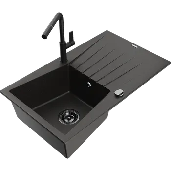 Granitový dřez Mexen Cesar granitový dřez 1-oddílový s odkapávačem a kuchyňskou baterií Flora, černý/zlatý metalický - 6514-75-670401-70-B Granitové dřezy s baterií
