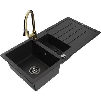 Mexen Andres granitový dřez 1,5-komorový s odkapávačem a kuchyňskou baterií Elia, černý - 6515-77-670101-50-B Granitové dřezy s baterií
