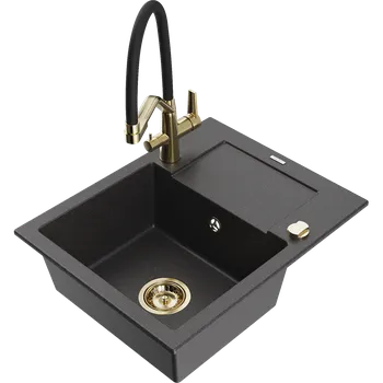 Granitový dřez Mexen Enzo granitový dřez 1-komorový s odkapávačem a kuchyňskou baterií Duo, černý skvrnitý - 6506-76-671701-57-G Granitové dřezy s baterií