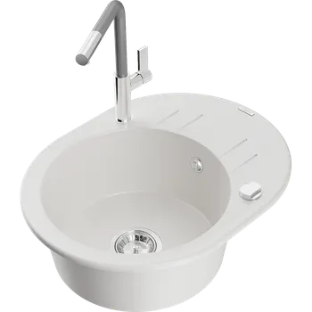 Granitový dřez Mexen Kevin granitový dřez 1-komorový s odkapávačem a kuchyňskou baterií Flora, bílý - 6517-20-670401-06 Granitové dřezy s baterií